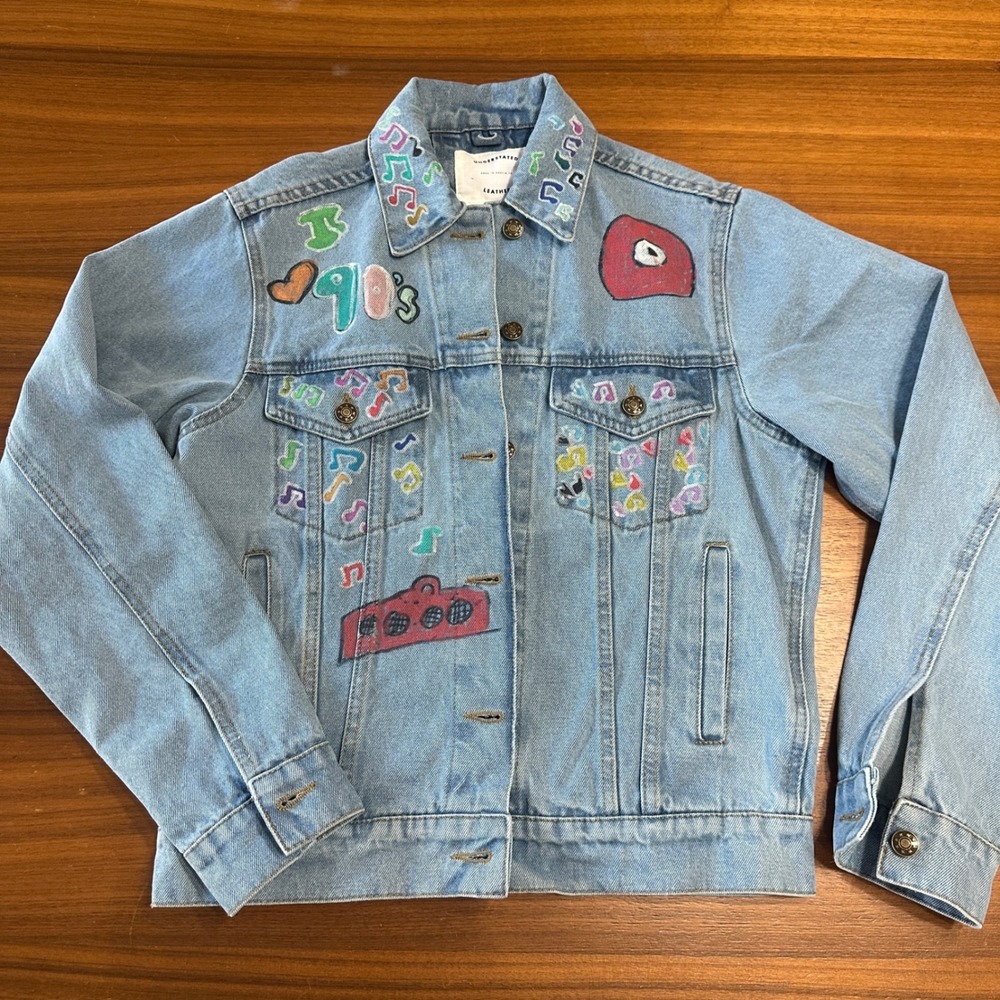 Understated Leather Denim Jacket Cotton Womens Med Blue 90s Hand Painted Custom - Picture 3 of 8